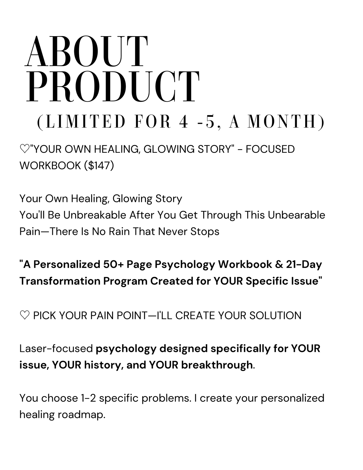 YOUR OWN HEALING, GLOWING STORY" - A Personalized 50+ Page Psychology Workbook Created for YOUR Specific Issue